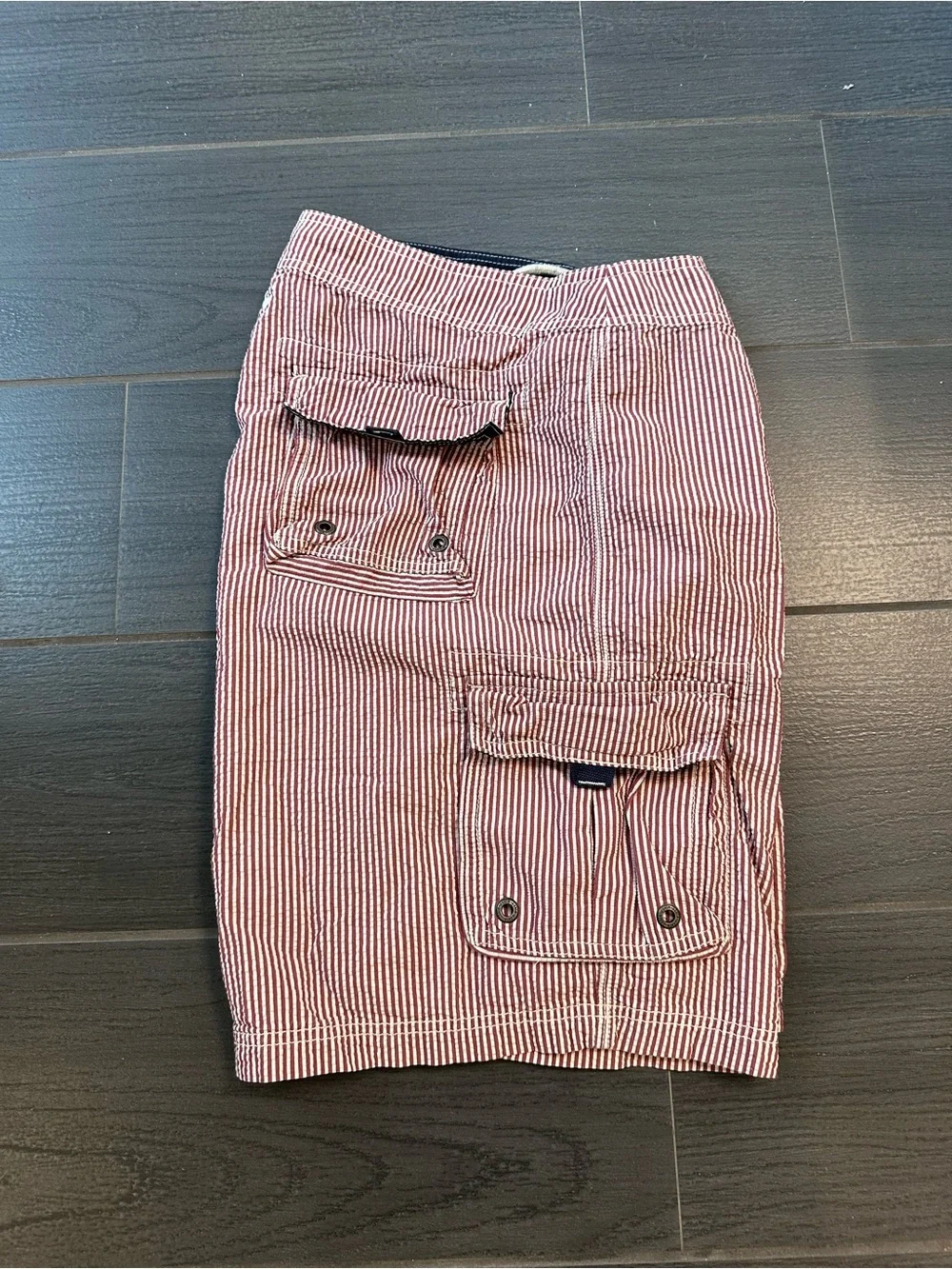 J. Crew Men’s Vintage Red and White Striped Seersucker Board Shorts
